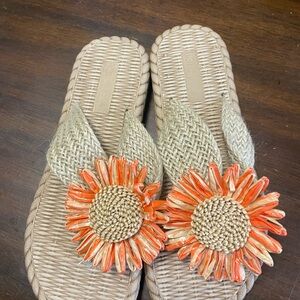 Beige Braided Slide Sandals with Orange Flower Accent